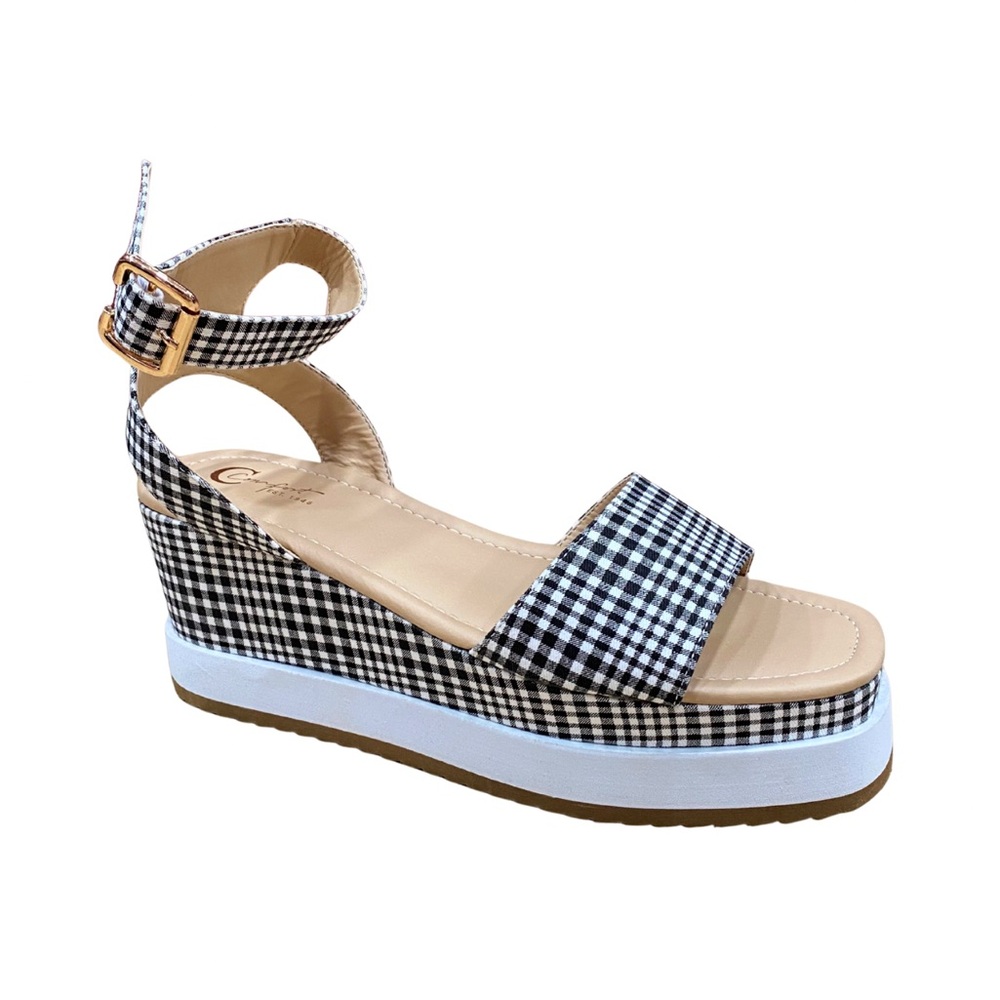 NIB Black White Gingham Platform Wedge Chunky 3 in Heels Sandals Ankle Strap 7.5